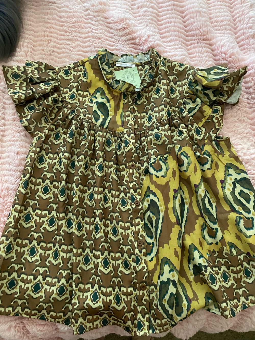 Woven Printed Ruffle Sleeve Blouse - Brown/Olive